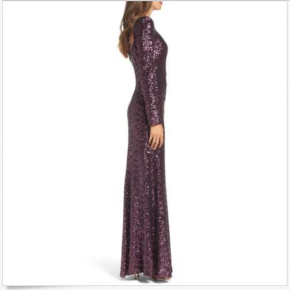 Sequin One Shoulder Long Sleeve Formal Gown Prom - Picture 5 of 7